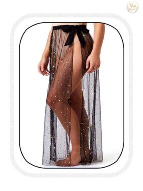 Sheer Mesh Maxi Skirt Sequin High Waisted Slit Dance Cover Up